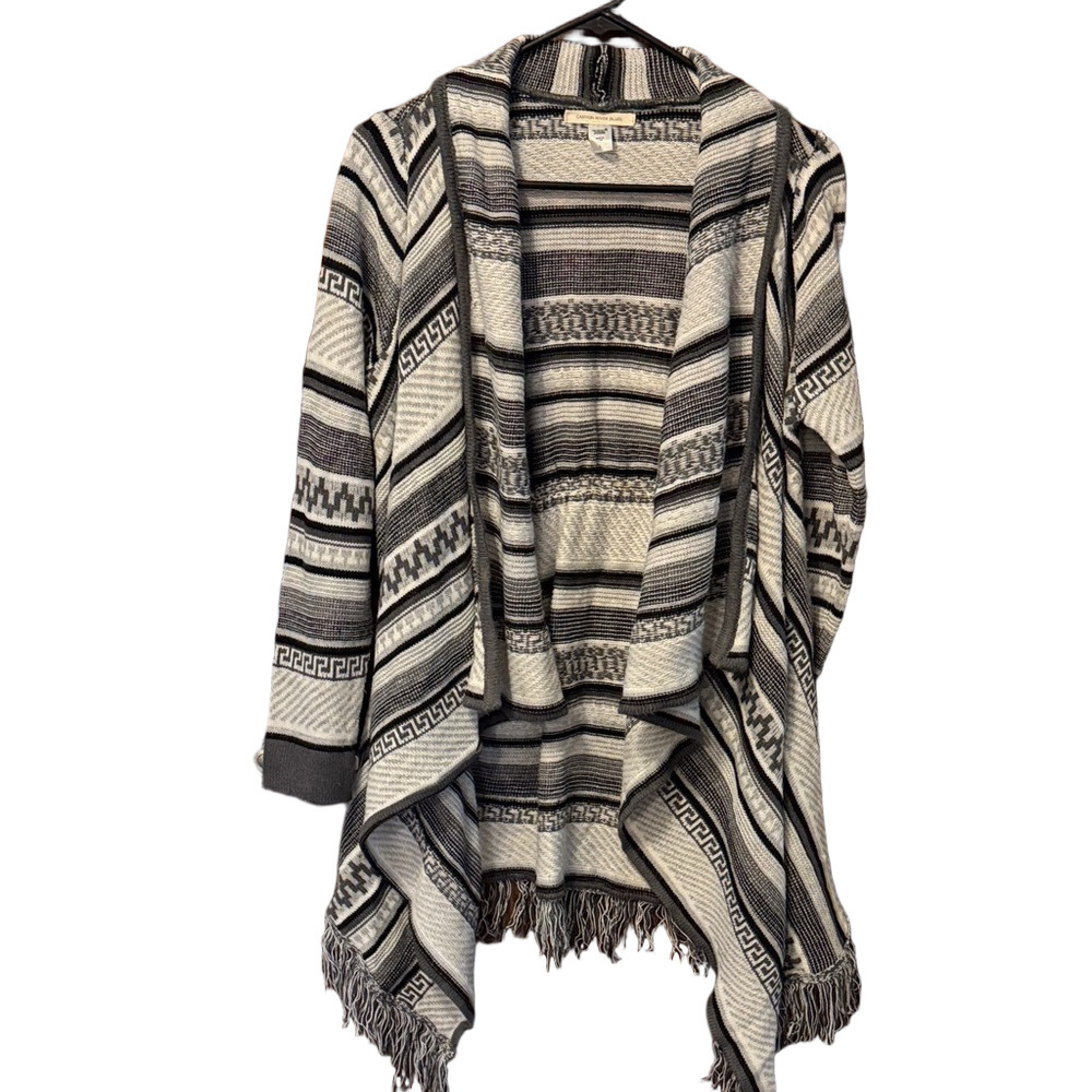 Canyon River Blues Black White and Gray Mixed Pattern Cardigan with Fringe